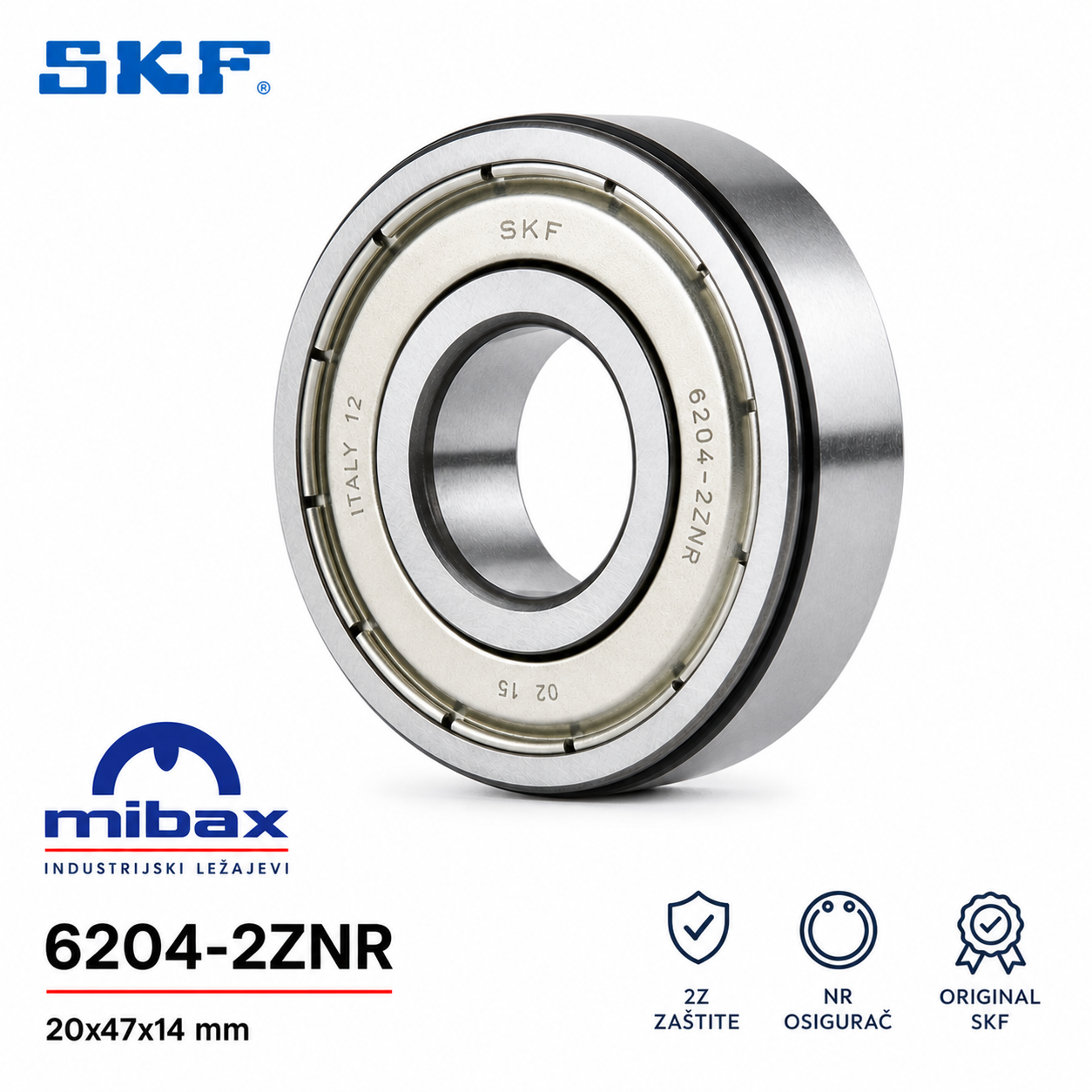 SKF 6204-2ZNR kuglični ležaj sa metalnim zaštitama i osiguračem, dimenzija 20x47x14 mm