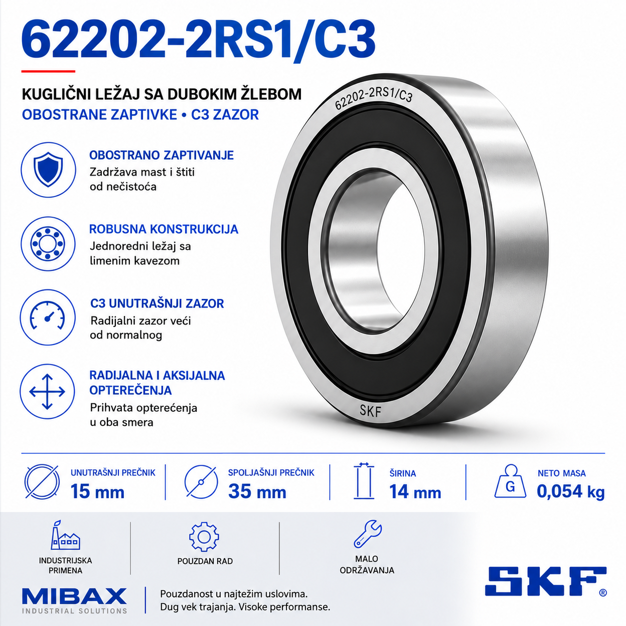SKF 62202-2RS1/C3 kuglični ležaj sa dubokim žlebom, obostranim zaptivkama i C3 zazorom, 15 × 35 × 14 mm