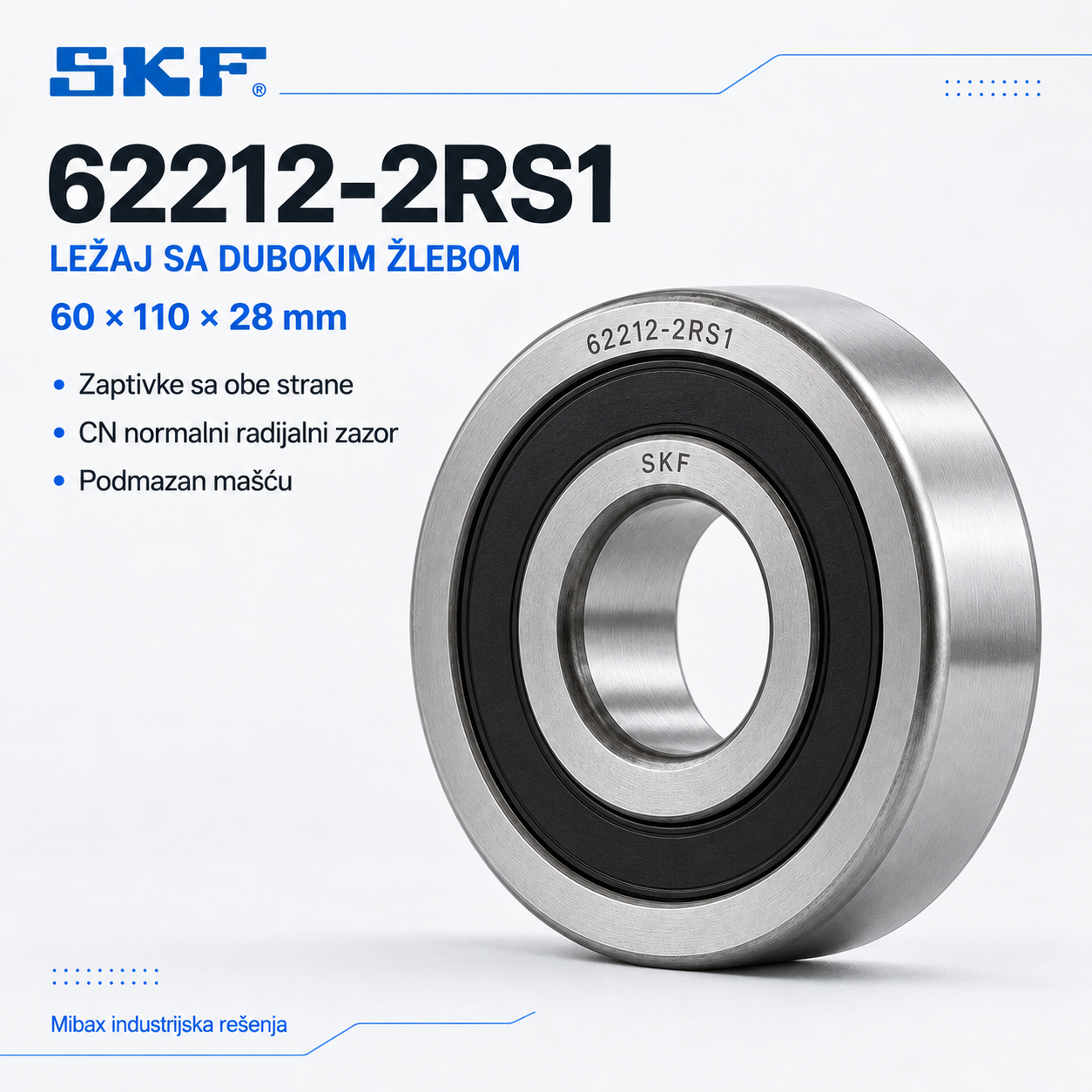 SKF 62212-2RS1 kuglični ležaj sa dubokim žlebom, sa zaptivkama sa obe strane, dimenzija 60 × 110 × 28 mm