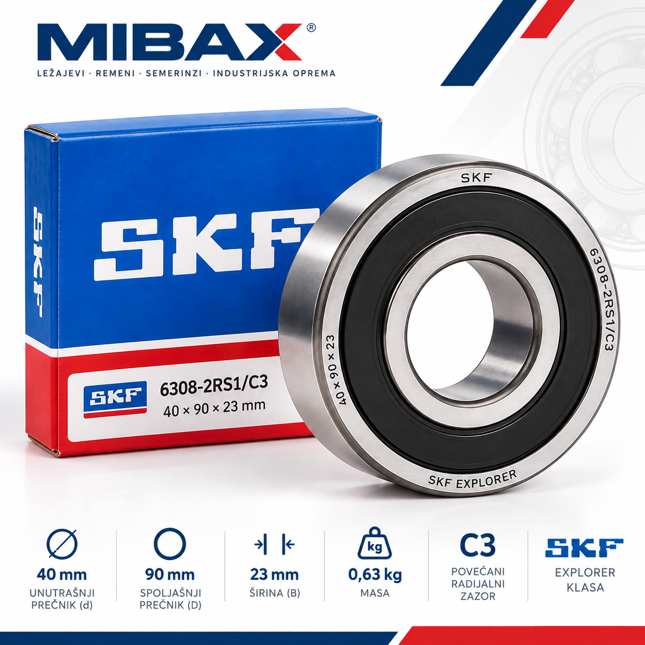 SKF 6308-2RS1/C3 kuglični ležaj sa obostranim gumenim zaptivkama i povećanim C3 zazorom, dimenzije 40x90x23 mm