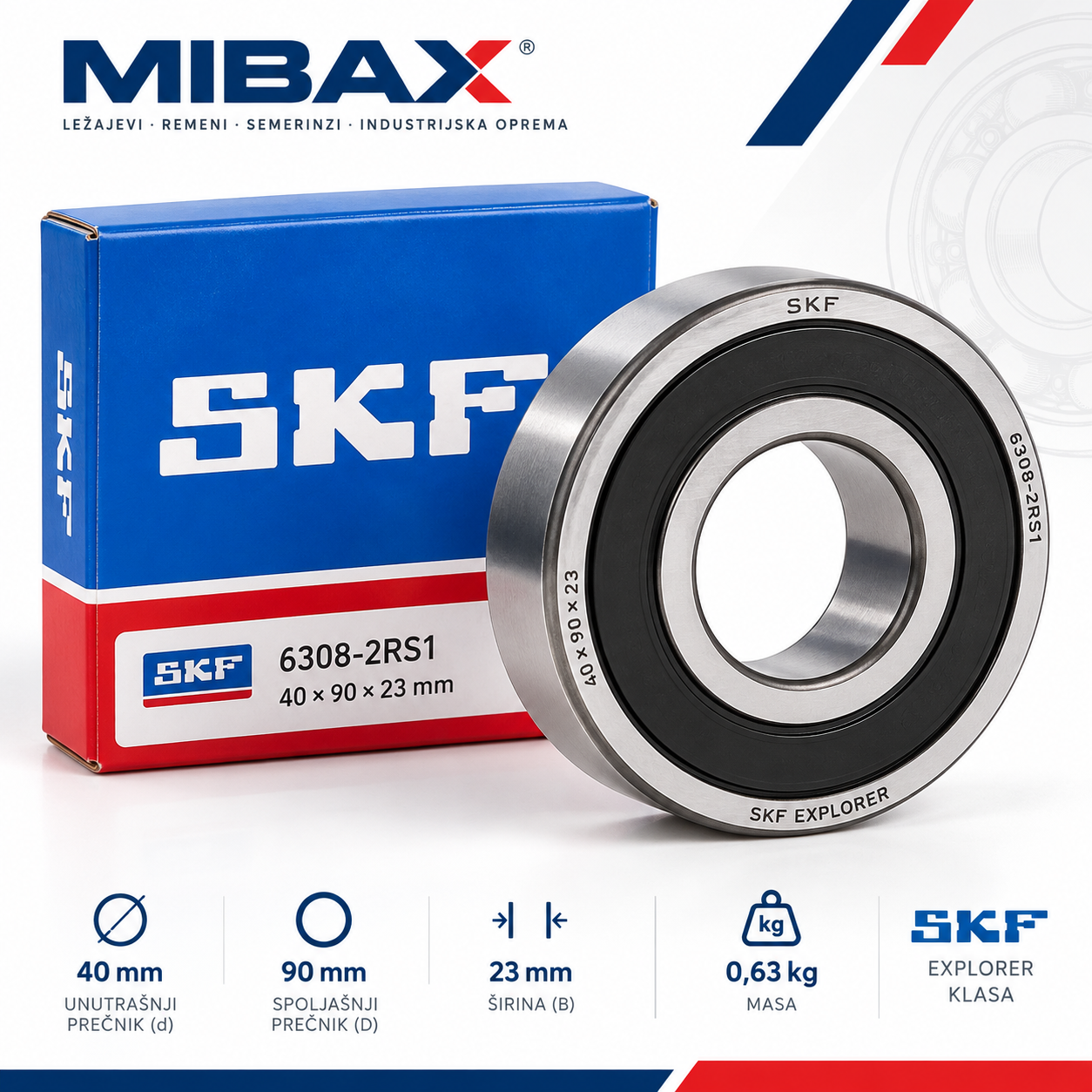 SKF 6308-2RS1 kuglični ležaj sa obostranim gumenim zaptivkama, dimenzije 40x90x23 mm, SKF Explorer
