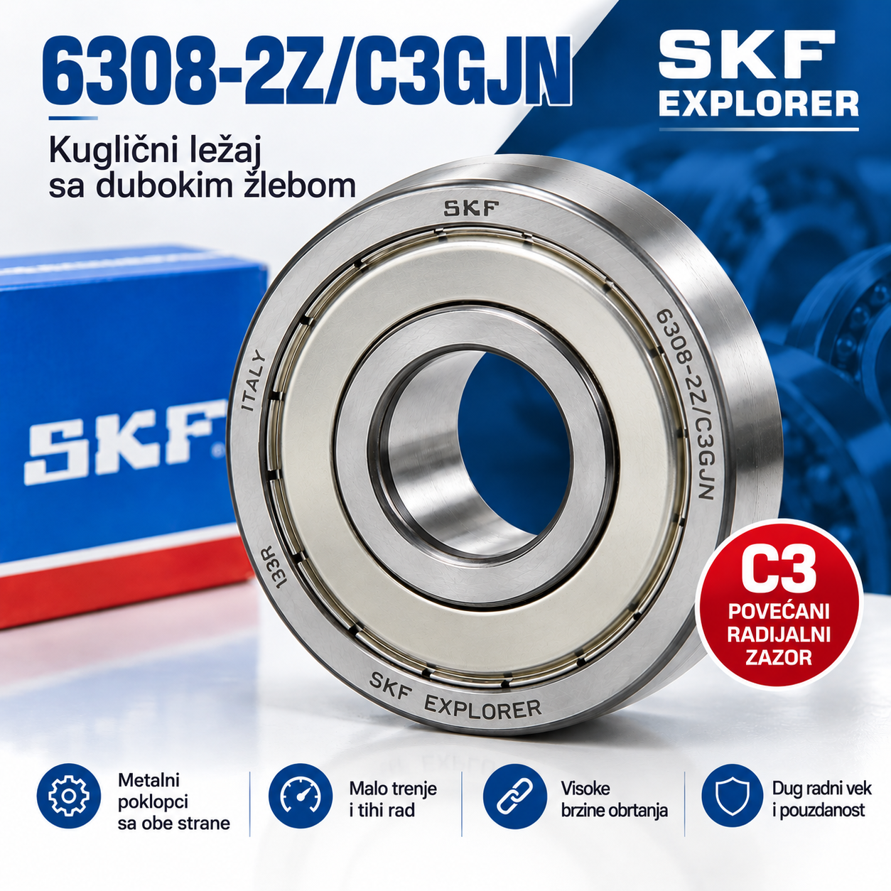 SKF 6308-2Z/C3GJN kuglični ležaj sa dubokim žlebom, metalnim poklopcima, C3 zazorom, dimenzije 40×90×23 mm