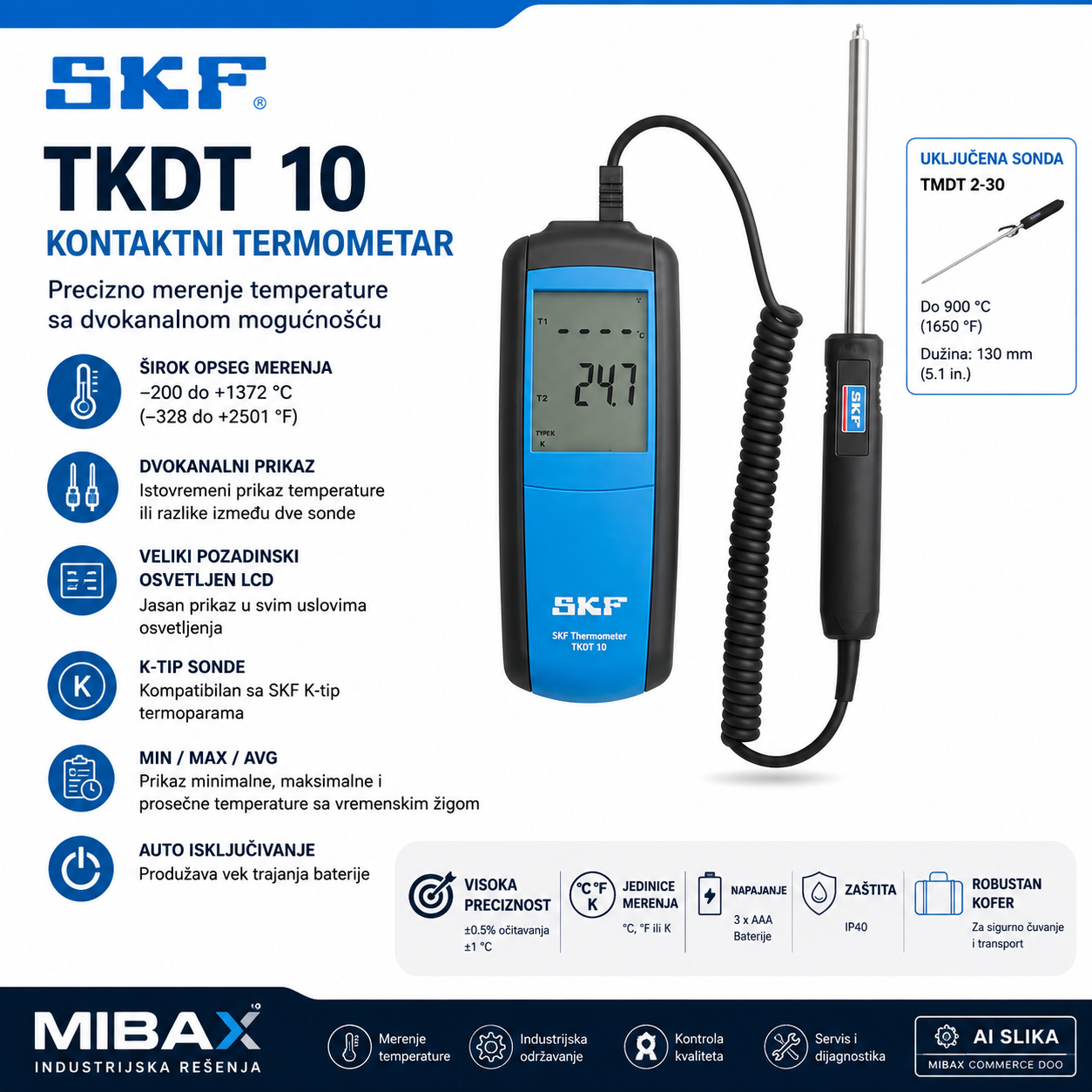 SKF TKDT 10 kontaktni termometar sa TMDT 2-30 sondom – Mibax