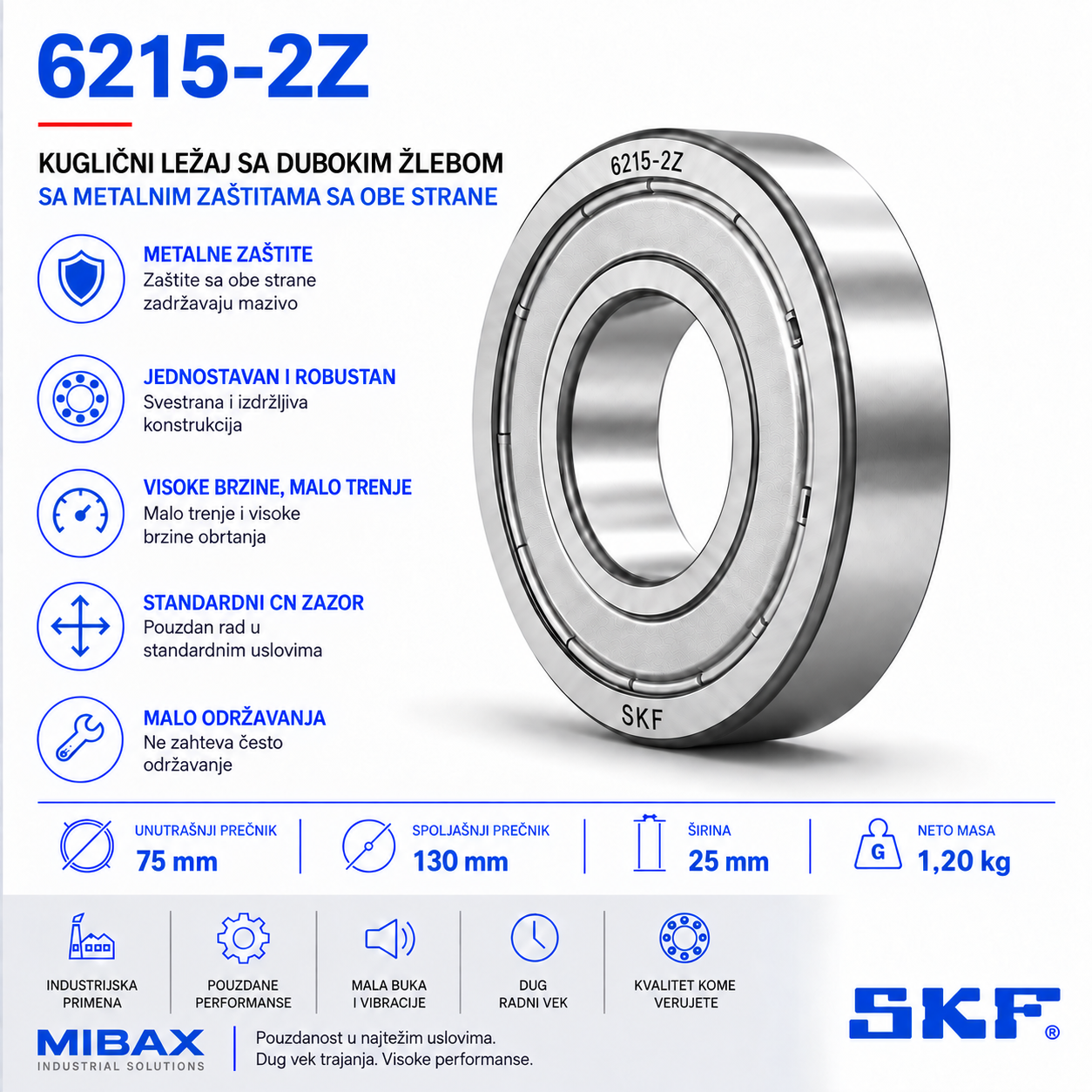 SKF 6215-2Z kuglični ležaj sa metalnim zaštitama 75 × 130 × 25 mm