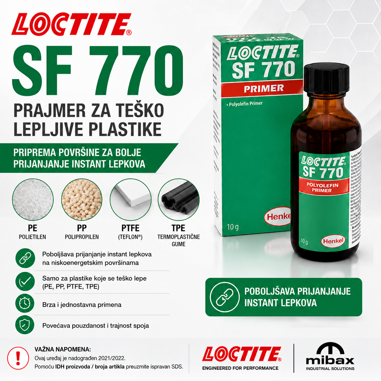 LOCTITE SF 770 prajmer za teško lepljive plastike – priprema PE, PP, PTFE i TPE površina za bolje prijanjanje instant lepkova.