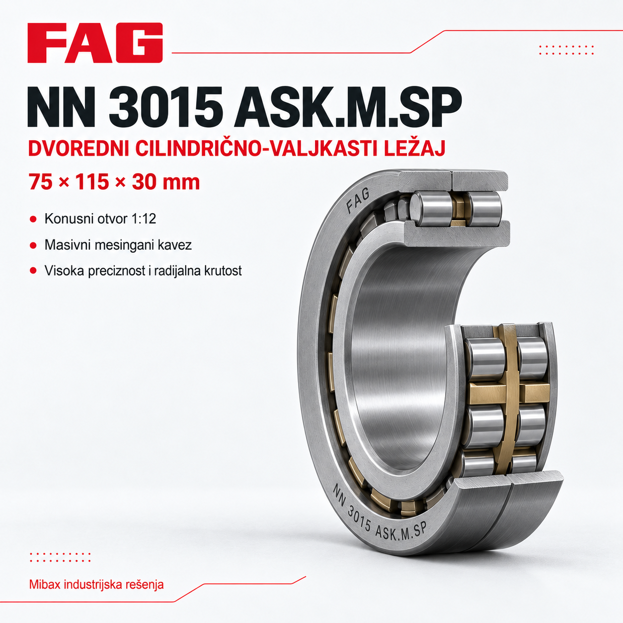 FAG NN 3015 ASK.M.SP dvoredni cilindrično-valjkasti ležaj 75 × 115 × 30 mm