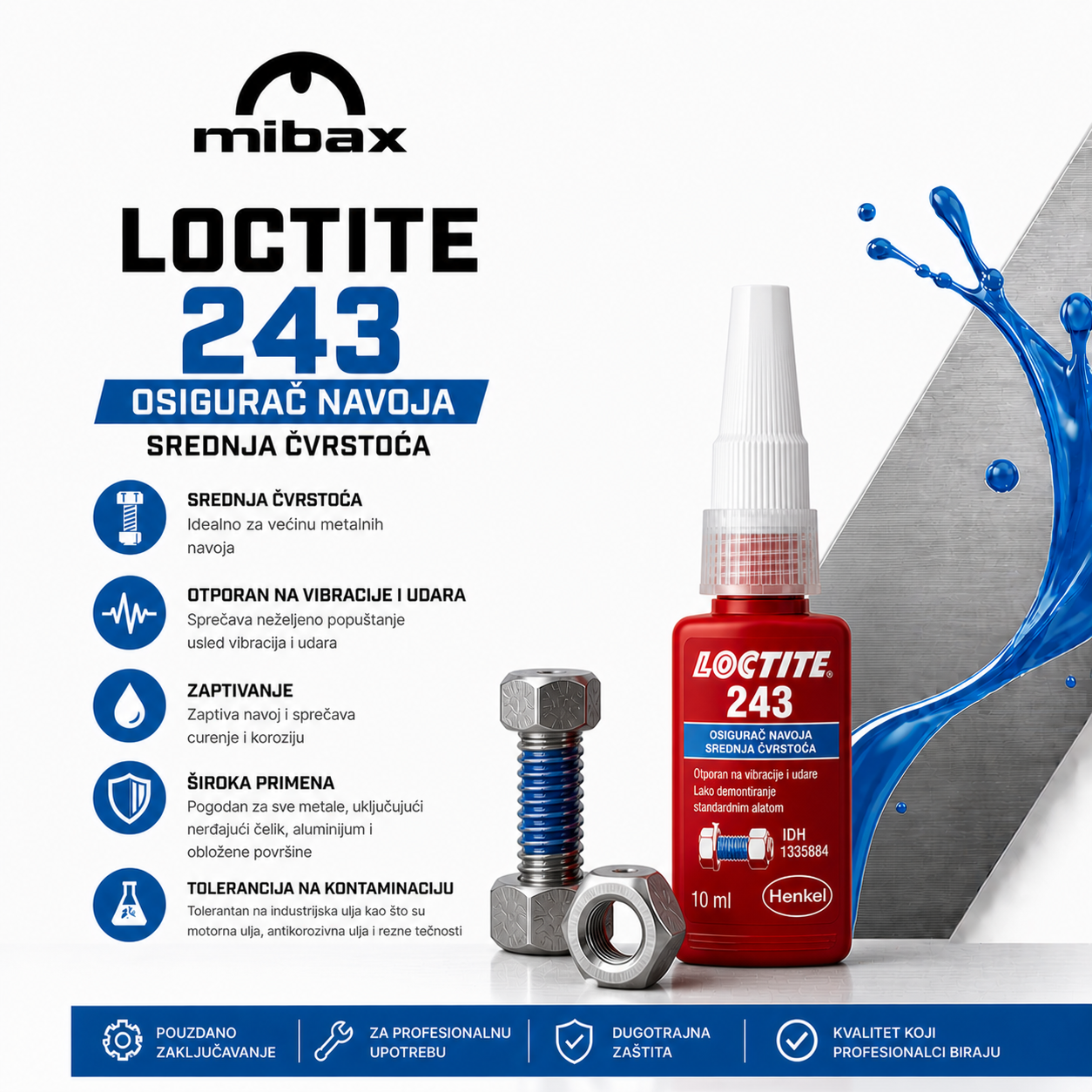 Loctite 243 osigurač navoja 10 ml srednje čvrstoće, otporan na vibracije i ulja, za metalne spojeve