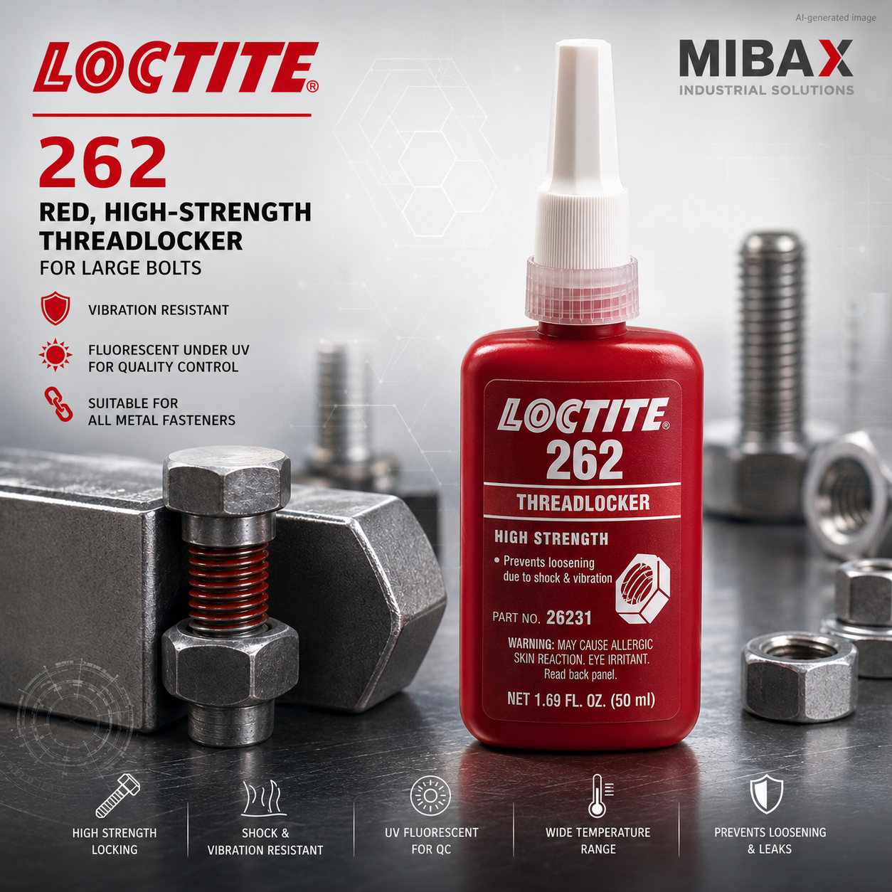 LOCTITE 262 high-strength red threadlocker bottle with industrial bolts on a metal surface, AI-generated promotional image for Mibax Industrial Solutions.