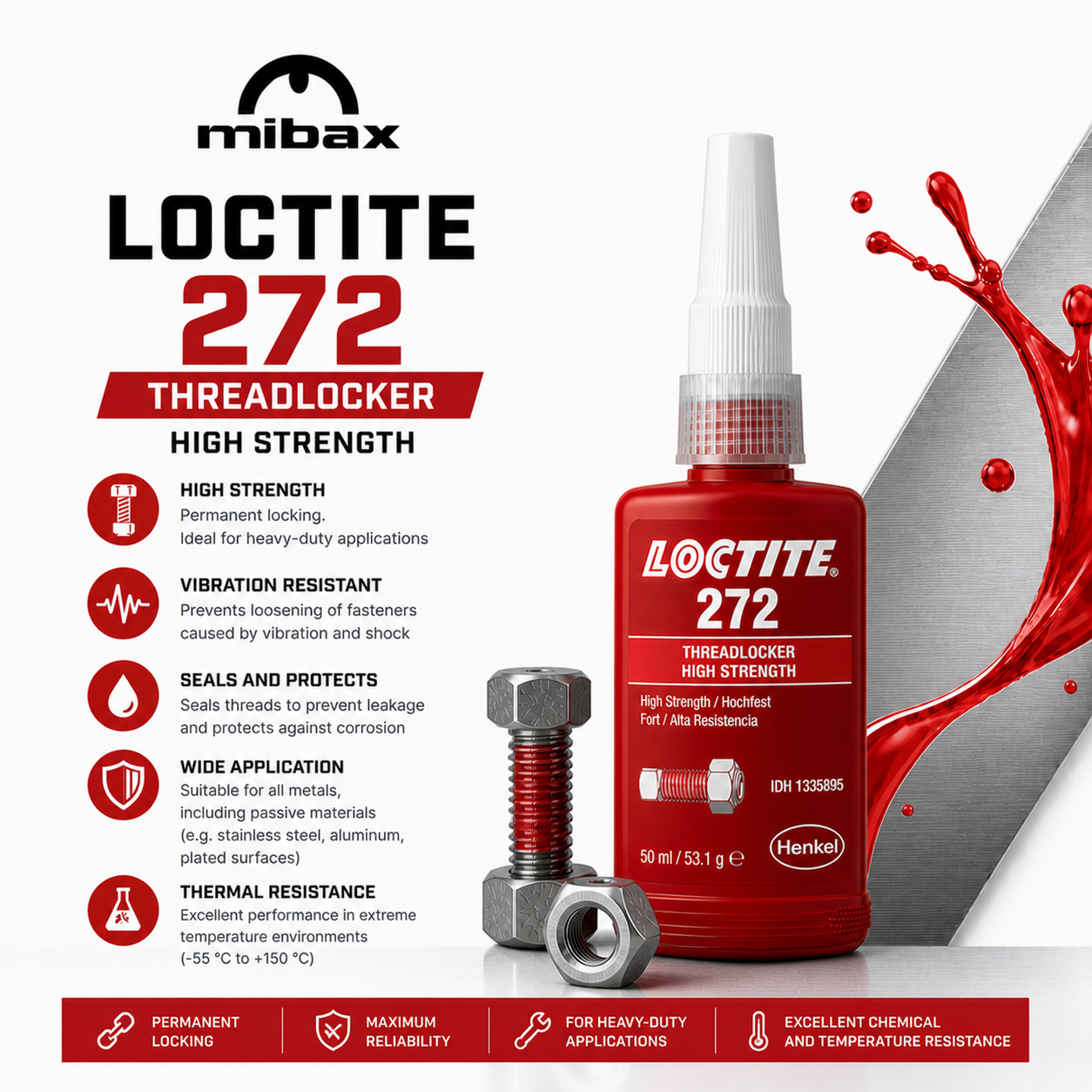 Loctite 272 50ml crveni lepak visoke čvrstoće srednjeg viskoziteta