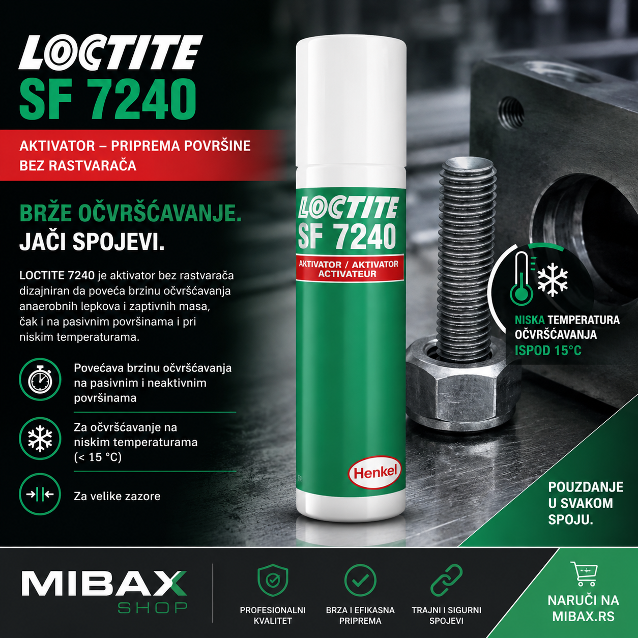 LOCTITE SF 7240 aktivator za anaerobne lepkove i zaptivne mase prikazan u industrijskom okruženju sa istaknutim prednostima za brže očvršćavanje na niskim temperaturama i pasivnim metalima.