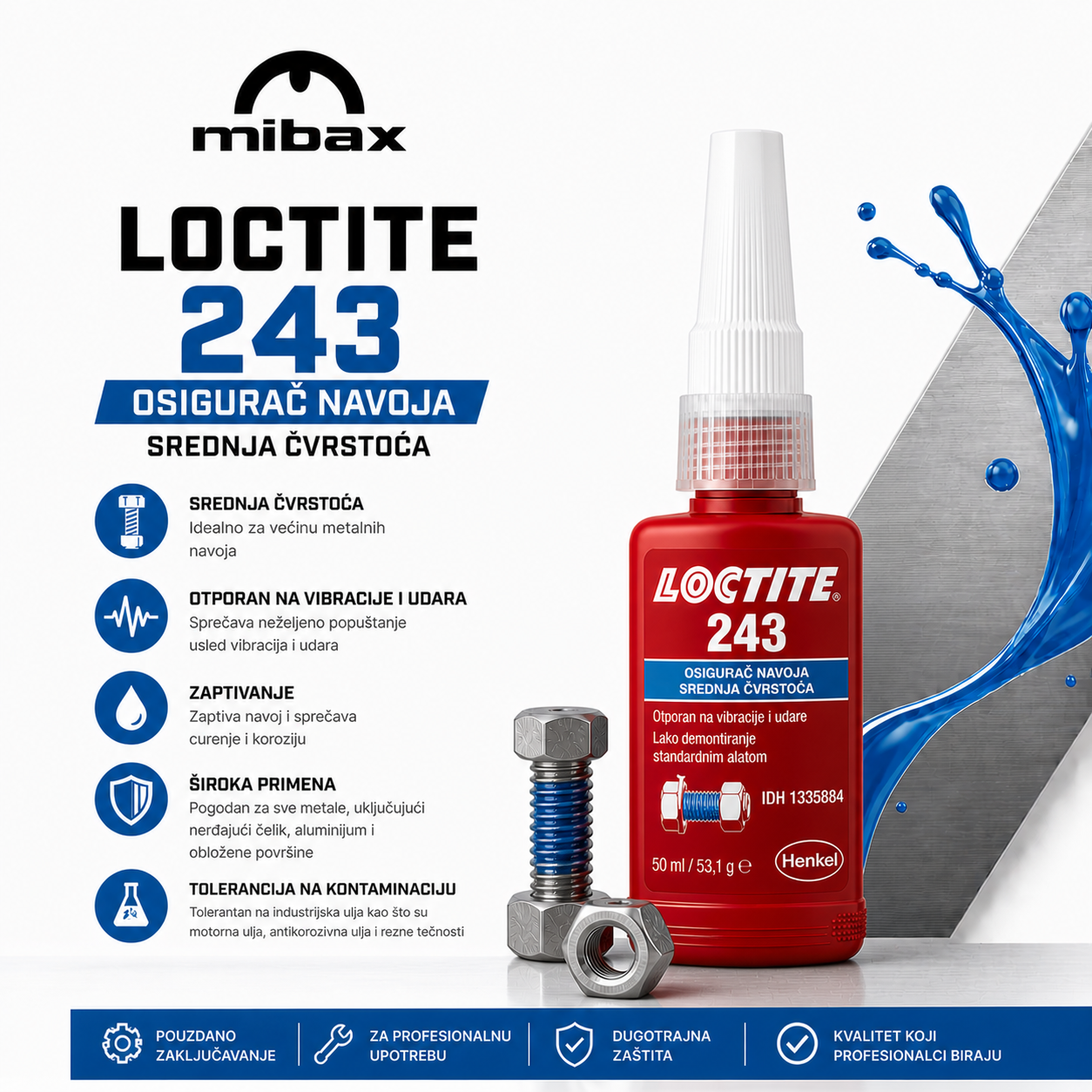 Loctite 243 osigurač navoja 50 ml srednje čvrstoće, otporan na vibracije i ulja, za metalne spojeve
