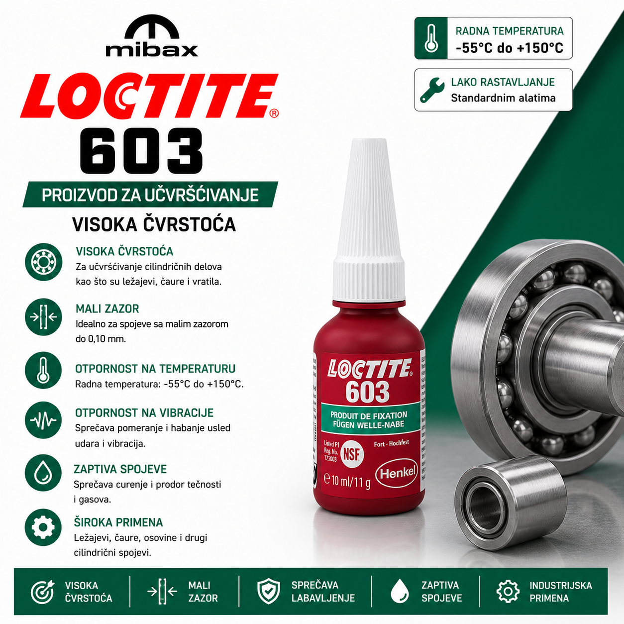 Loctite 603 10 ml proizvod za učvršćivanje visoke čvrstoće za cilindrične spojeve, ležajeve i vratila