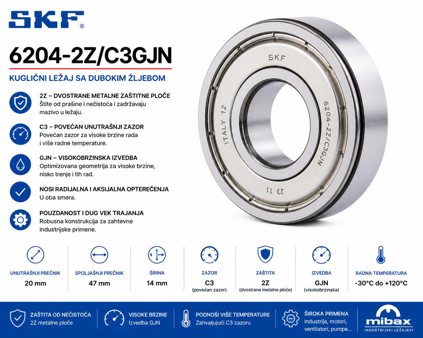 Lezaj SKF 6204-2Z/C3GJN