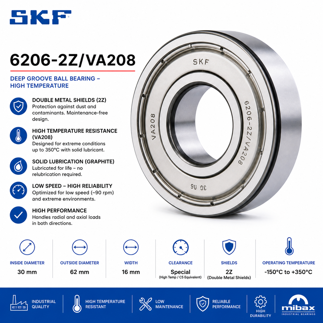 SKF 6206-2Z/VA208 high temperature deep groove ball bearing with metal shields and solid graphite lubrication