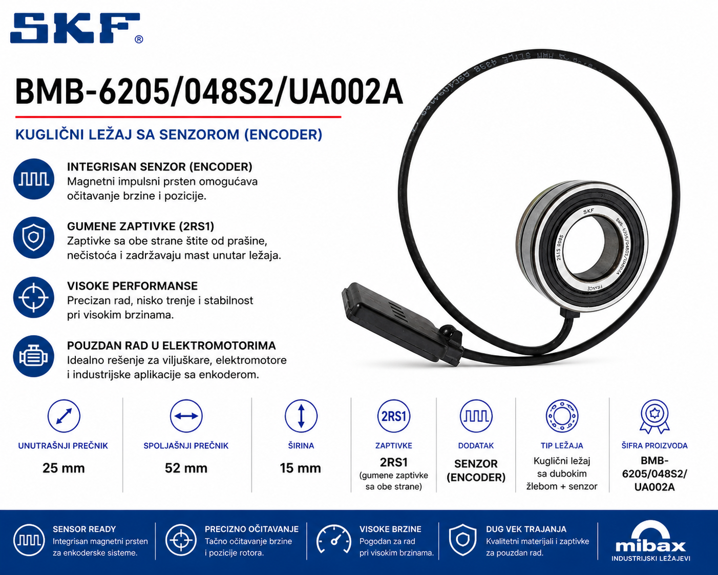 BMB 6205/048S2/UA002A sensor bearing with encoder and cable 25x52x15