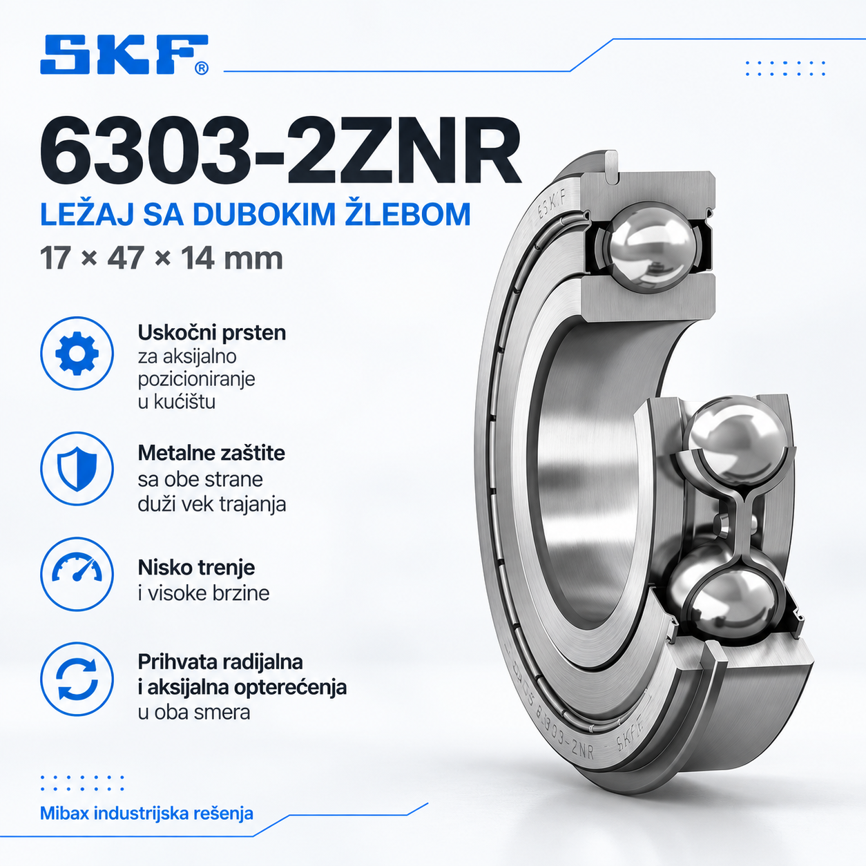 SKF 6303-2ZNR ležaj sa dubokim žlebom 17x47x14 mm