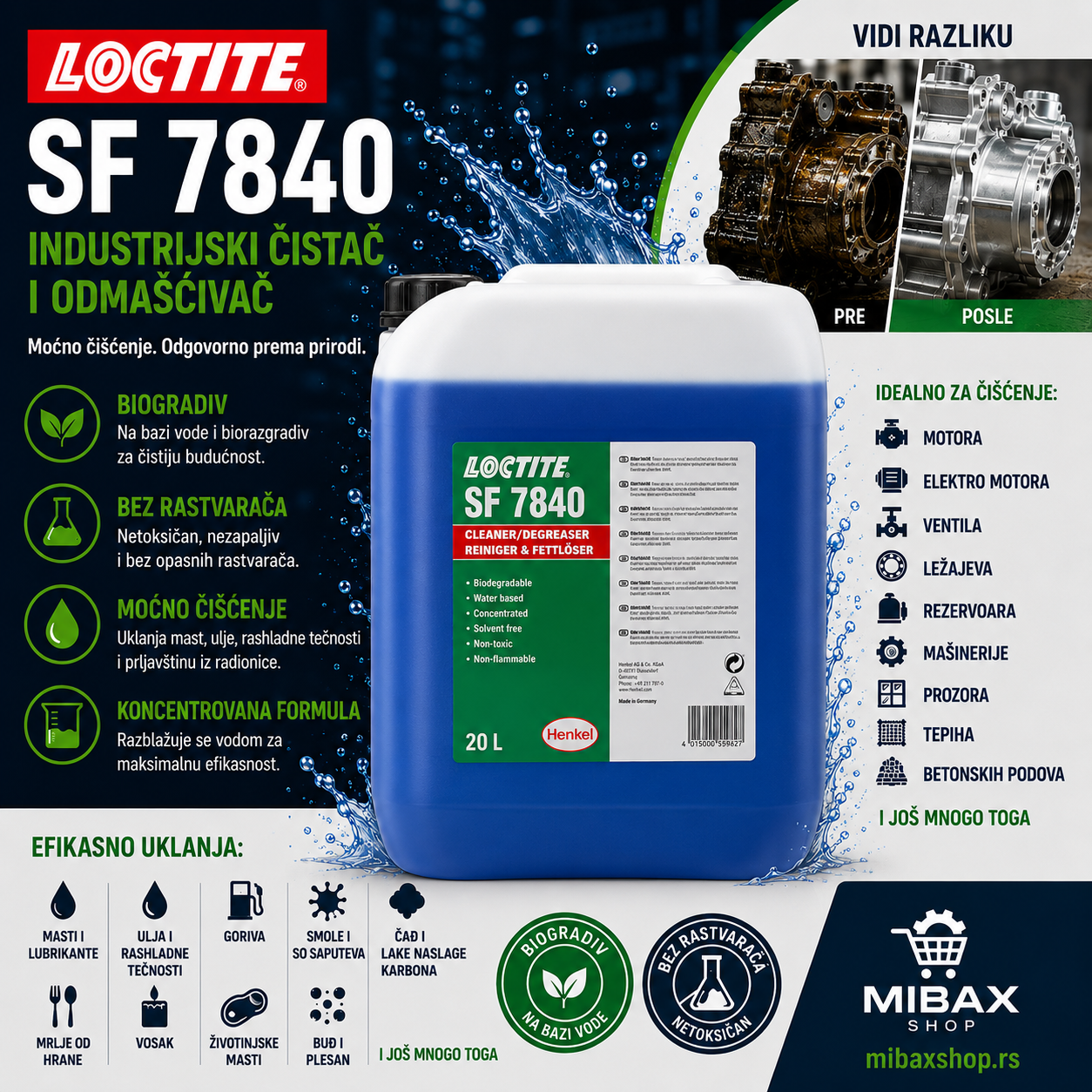 LOCTITE SF 7840 industrijski čistač i odmašćivač 20L – profesionalni biorazgradivi koncentrat za uklanjanje ulja, masti i industrijske prljavštine