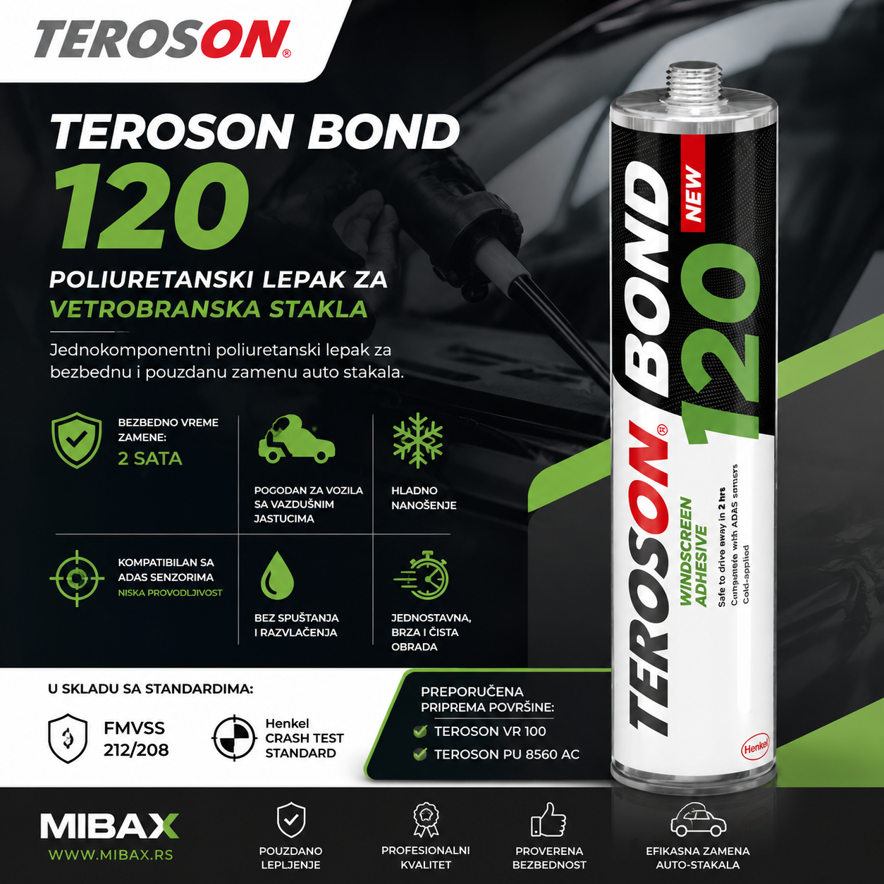 TEROSON BOND 120 poliuretanski lepak za vetrobranska stakla prikazan na profesionalnoj Mibax promotivnoj grafici sa istaknutim karakteristikama, ADAS kompatibilnošću i bezbednim vremenom zamene od 2 sata.