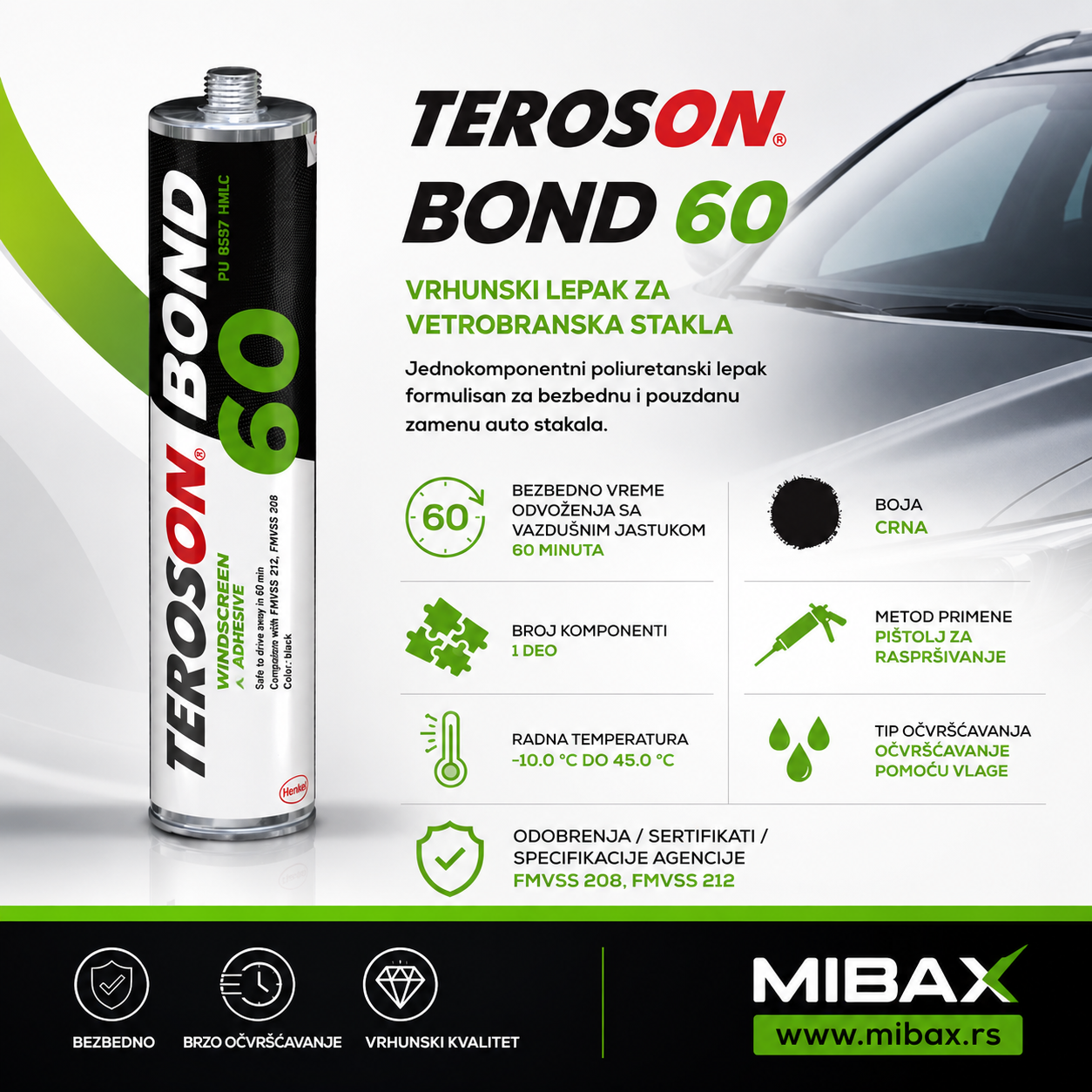 TEROSON BOND 60 poliuretanski lepak za vetrobranska stakla sa bezbednim vremenom odvoženja od 60 minuta, prikazan na promotivnoj grafici sa tehničkim karakteristikama, ikonama i Mibax logotipom.