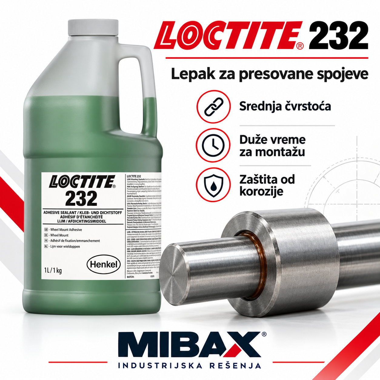 LOCTITE® 232 – Sredstvo srednje čvrstoće za učvršćivanje cilindričnih spojeva sa velikim preklopom