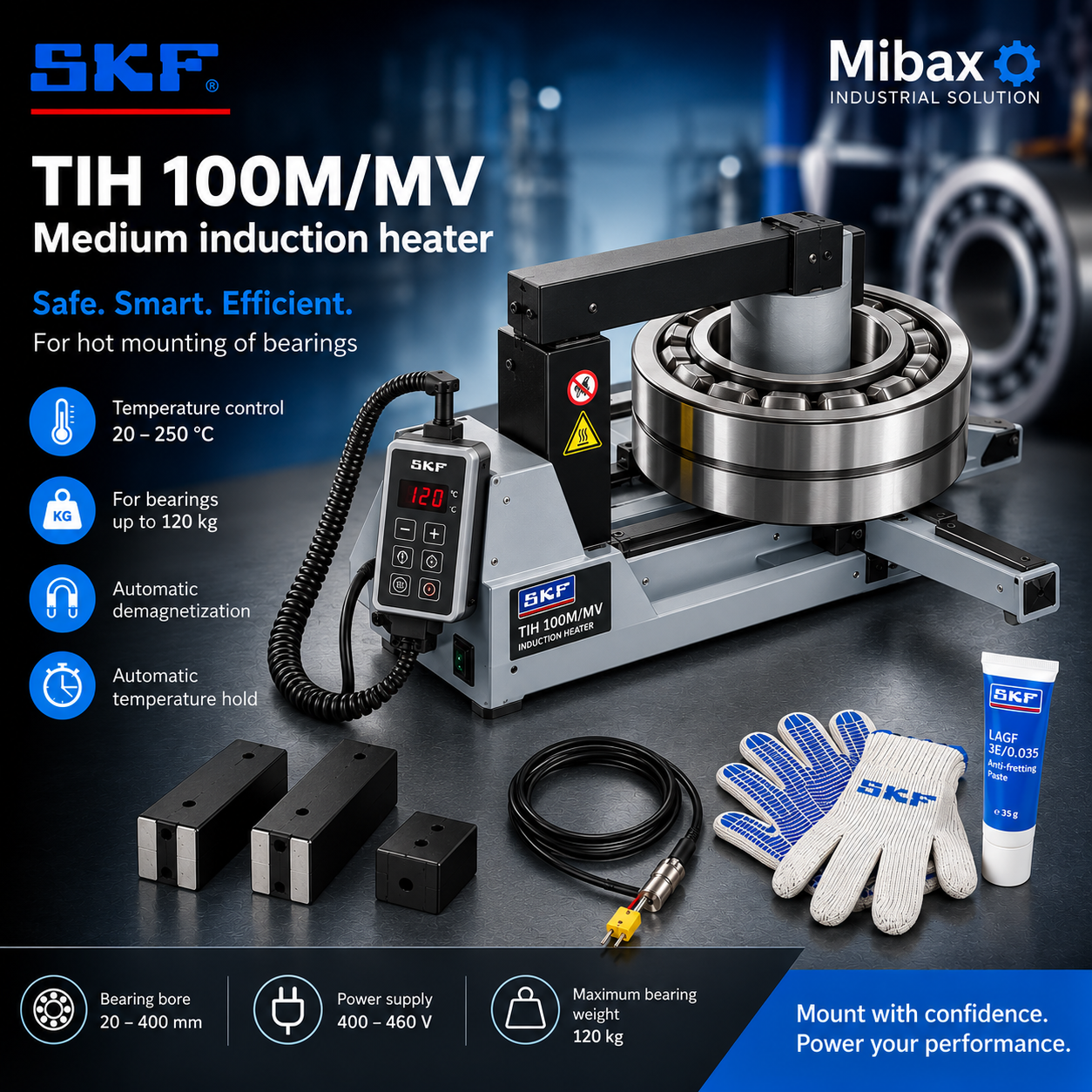 SKF TIH 100M/MV indukcioni grejač sa ležajem, upravljačkim panelom i priborom za toplu montažu.
