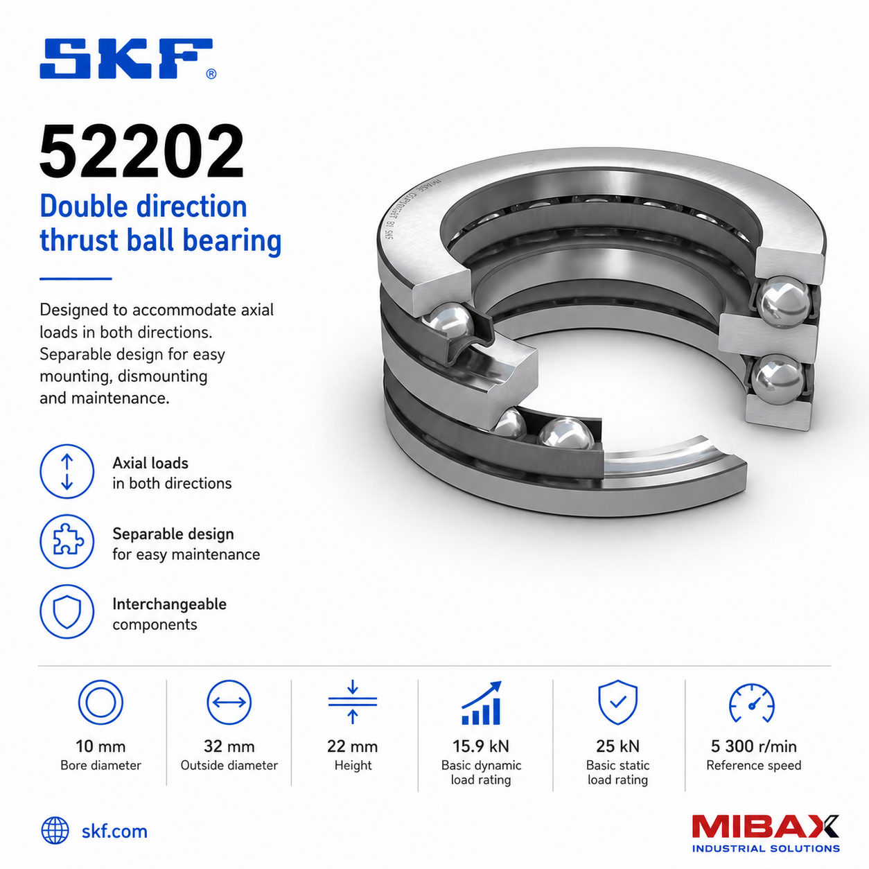 SKF 52202 dvosmerni aksijalni kuglični ležaj 10 × 32 × 22 mm