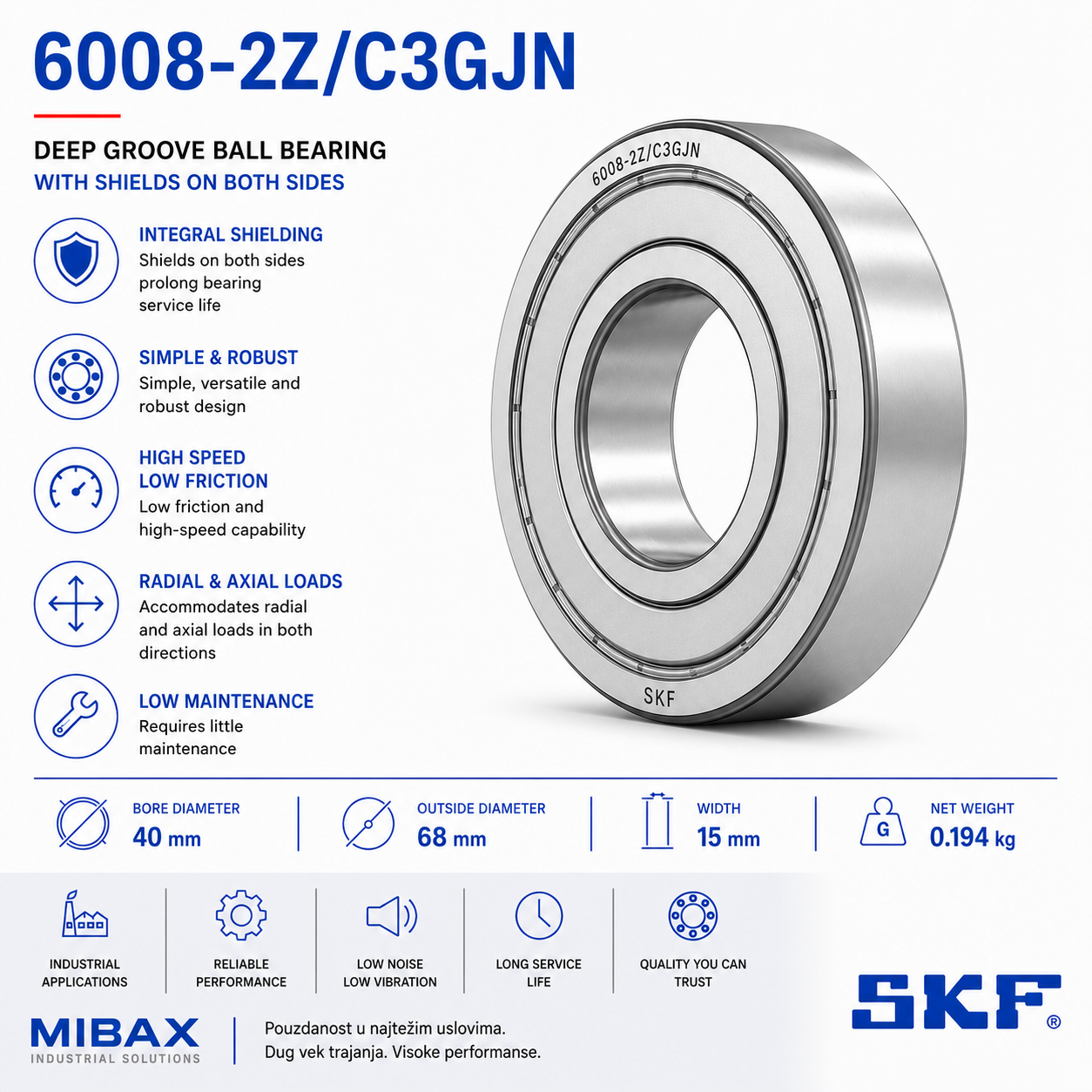 Lezaj SKF 6008-2Z/C3GJN