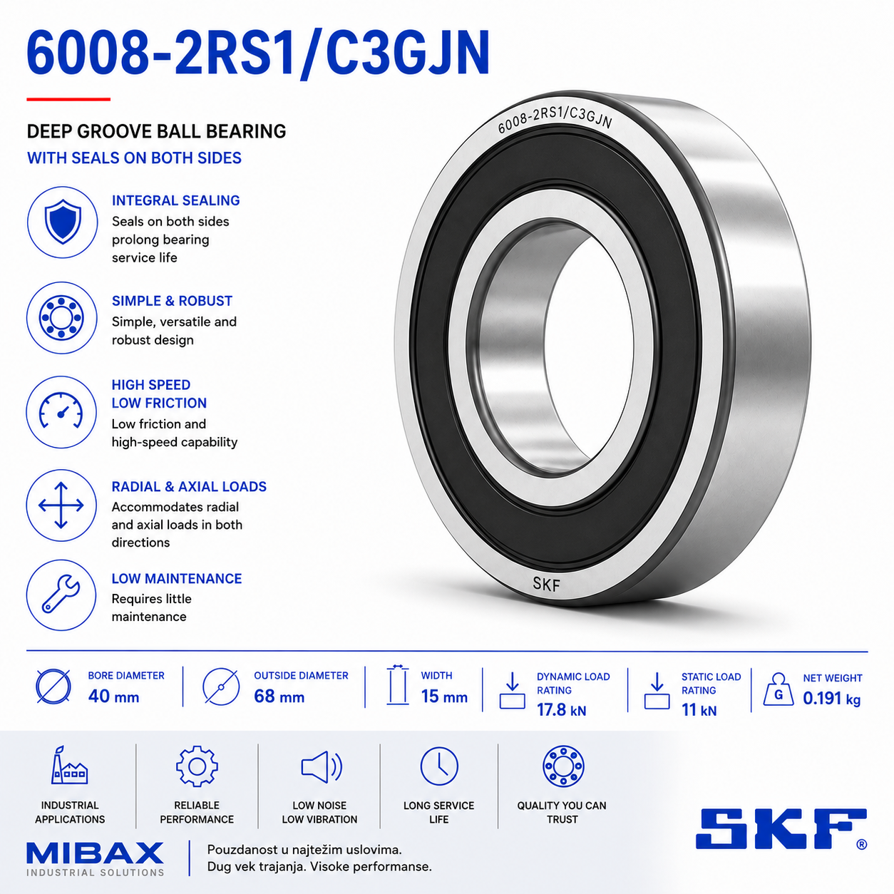 Ležaj SKF 6008-2RS1/C3GJN
