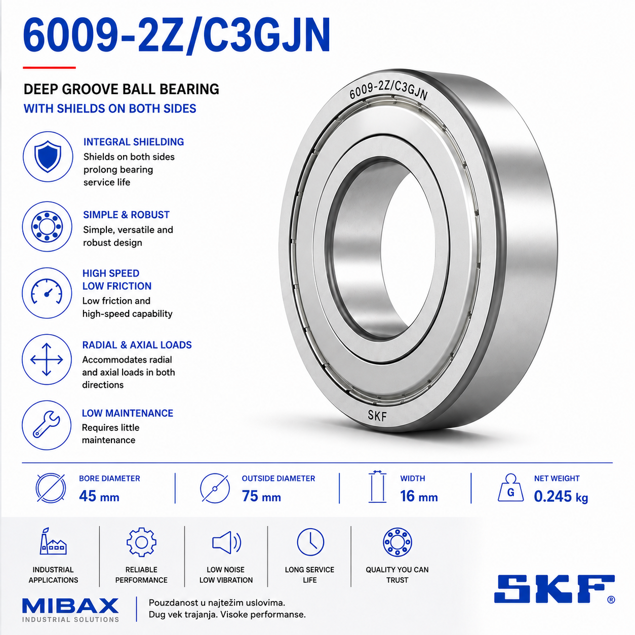 SKF 6009-2Z/C3GJN jednoredni kuglični ležaj 45x75x16 mm sa metalnim zaštitama 2Z i C3 zazorom