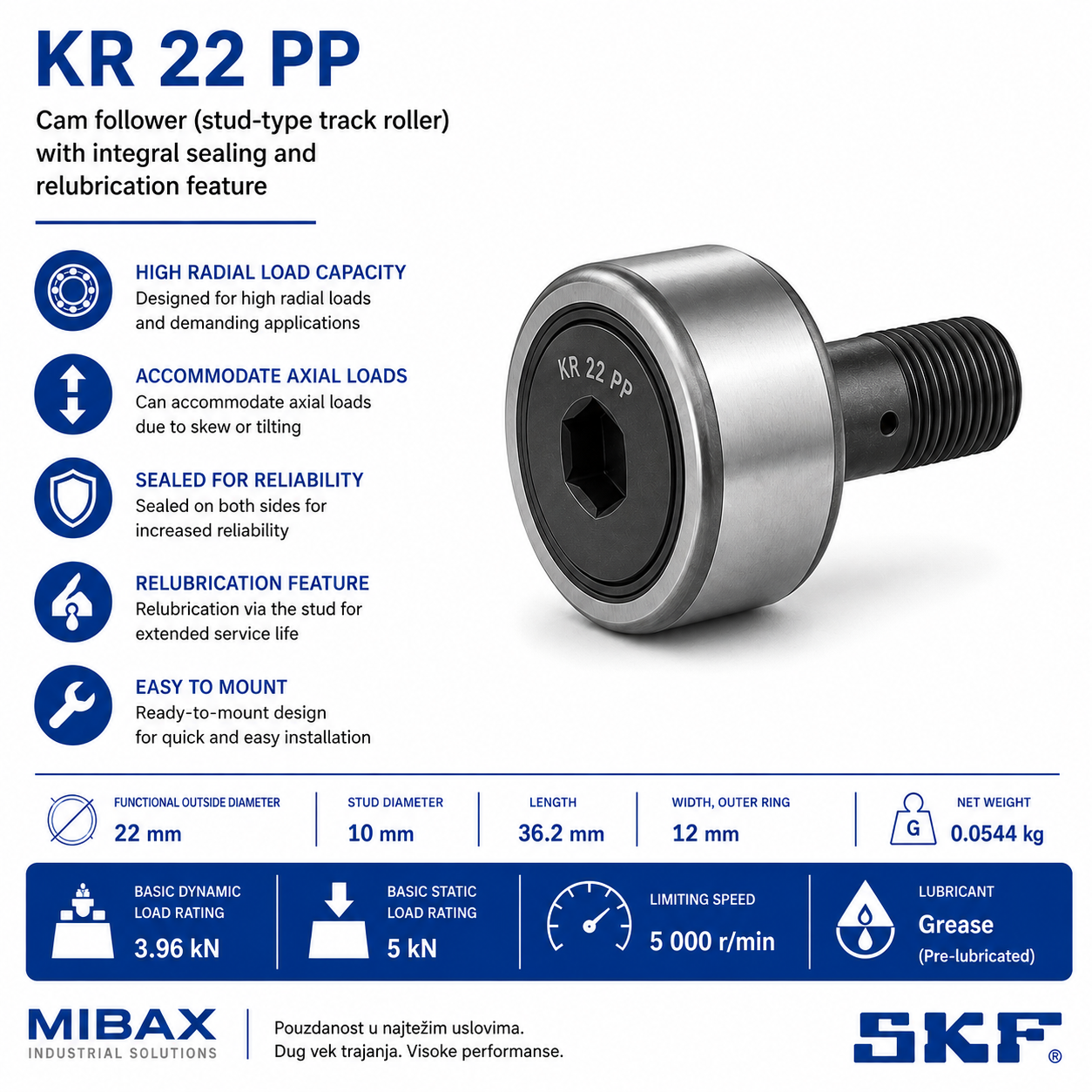 SKF KR 22 PP prateći roler sa rukavcem, zaptivanjem i mogućnošću podmazivanja