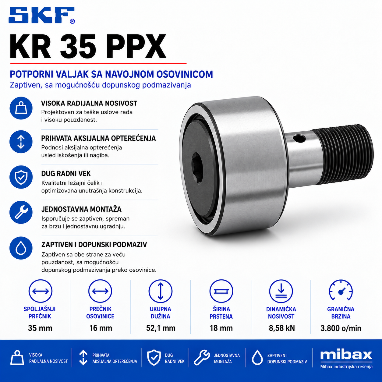 SKF KR 35 PPX potporni valjak sa navojnom osovinicom, uz prikaz tehničkih podataka i prednosti – Mibax industrijska rešenja.