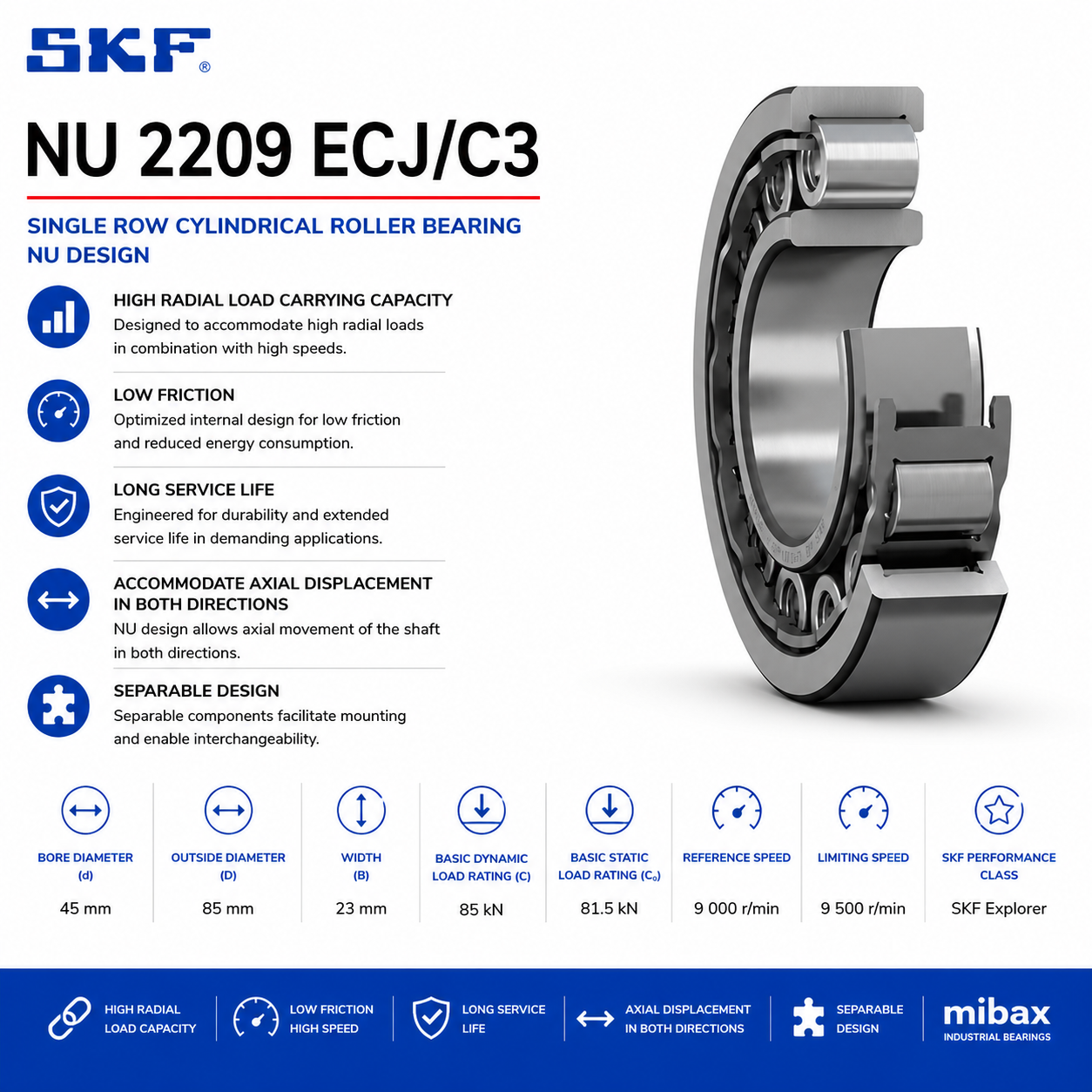 Ležaj SKF NU 2209 ECJ/C3