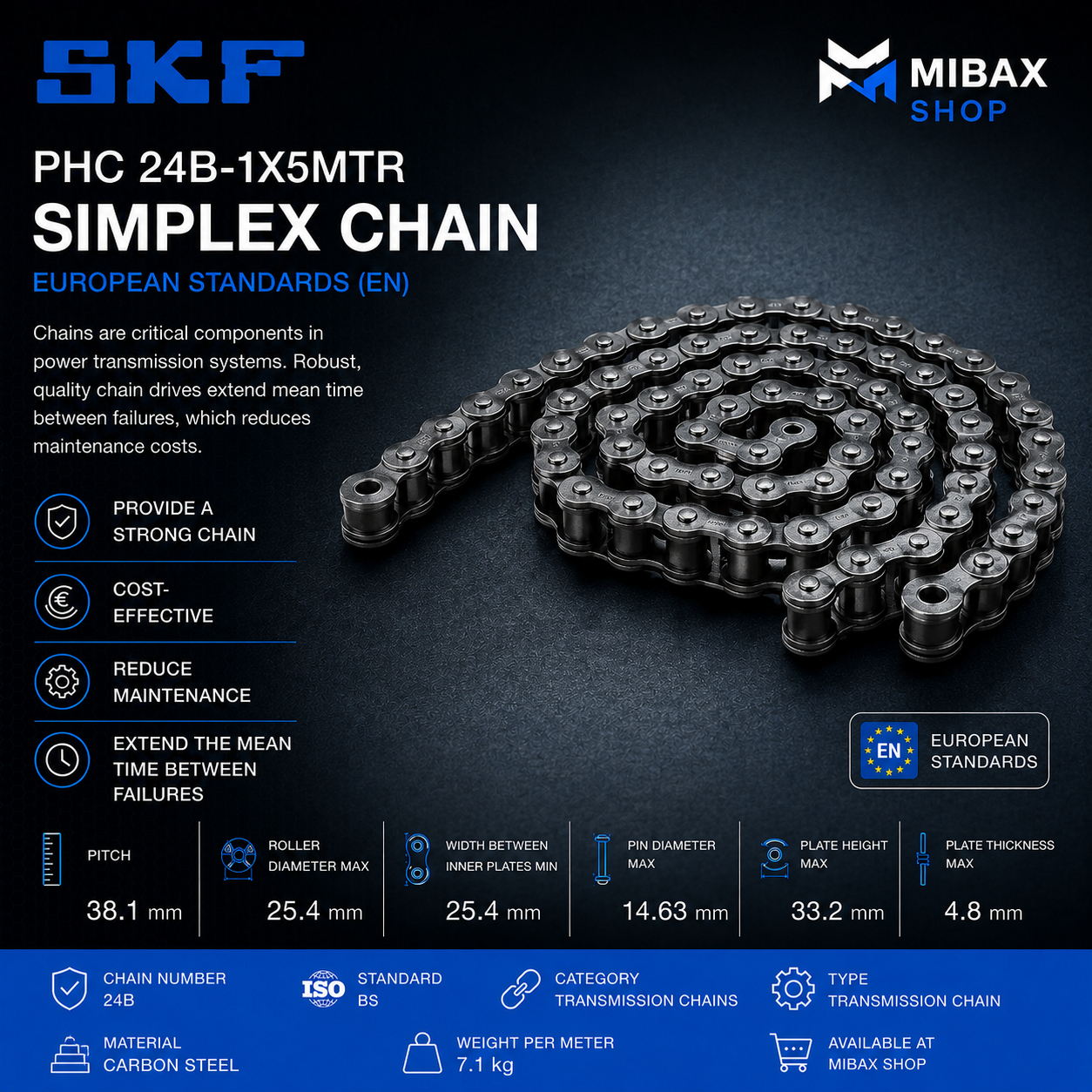SKF PHC 24B-1X5MTR simplex pogonski lanac prema evropskom EN standardu od ugljeničnog čelika za industrijske pogonske sisteme