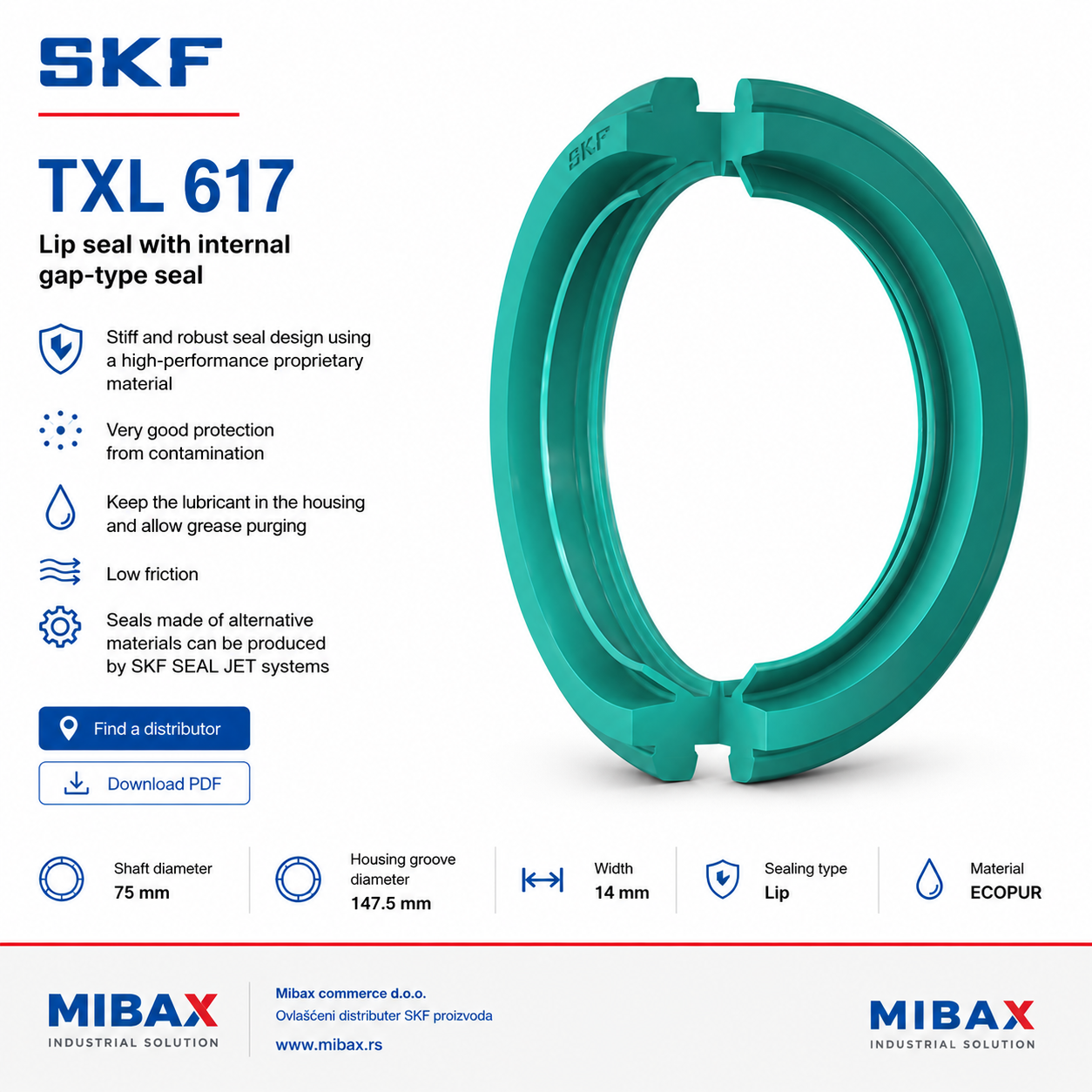 SKF TXL 617 ECOPUR zaptivka kućišta ležaja 75 x 147,5 x 14 mm