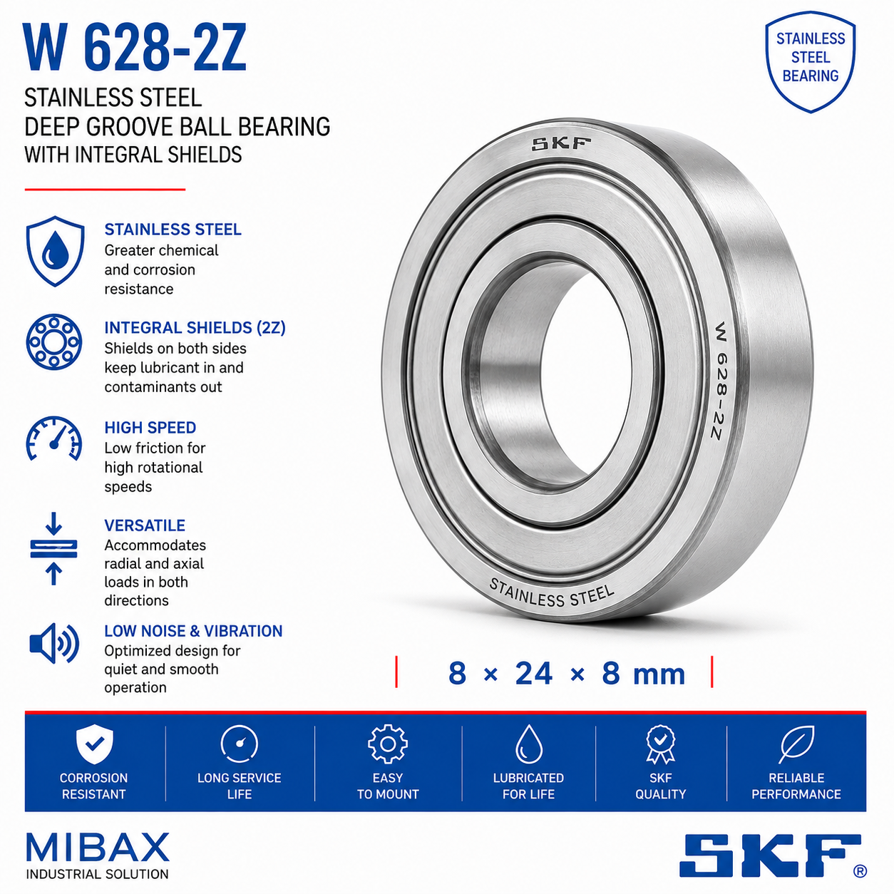 SKF W 628-2Z stainless steel deep groove ball bearing 8x24x8 mm