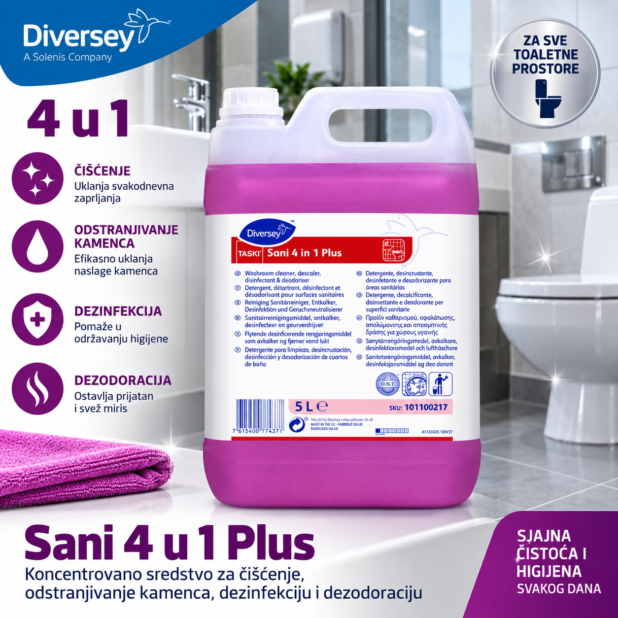 Diversey TASKI Sani 4 in 1 Plus 5L – sredstvo za čišćenje, kamenac, dezinfekciju i dezodoraciju