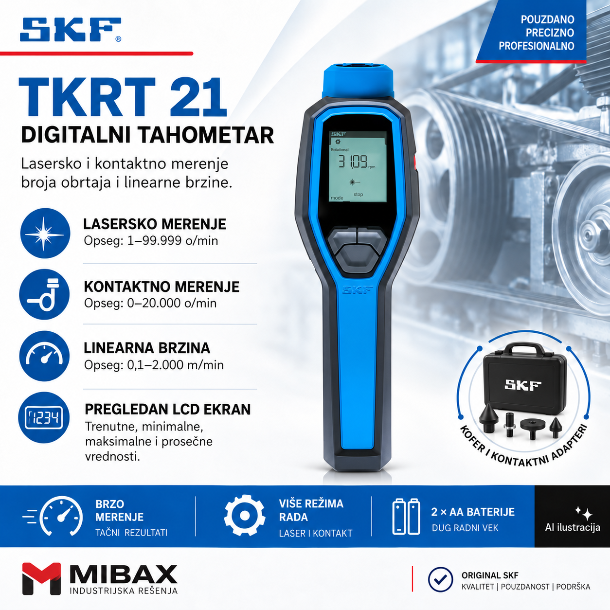 SKF TKRT 21 digitalni tahometar sa LCD ekranom, uz prikaz mernih funkcija, kofera i kontaktnih adaptera