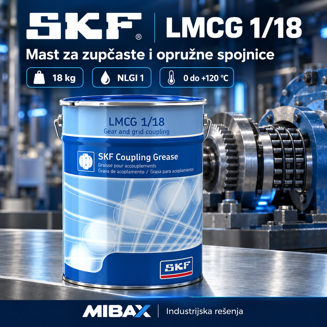 SKF LMCG 1/18 mast za zupčaste i opružne spojnice u pakovanju od 18 kg, sa industrijskom spojnicom u pozadini.