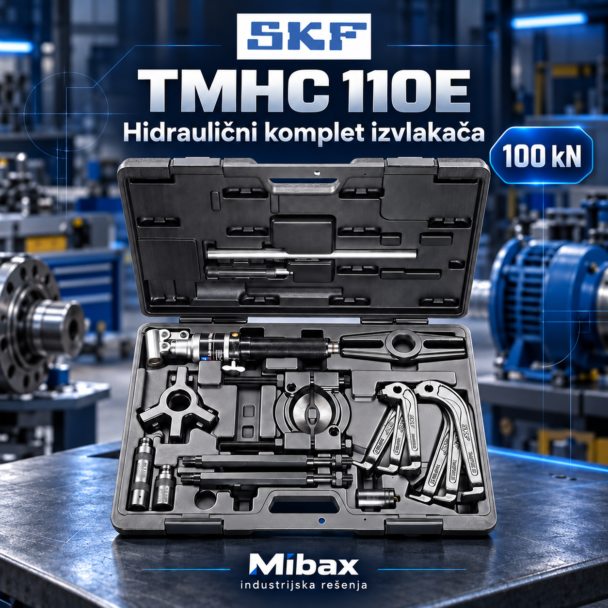 SKF TMHC 110E hidraulični komplet izvlakača u otvorenom koferu sa priborom, na industrijskoj pozadini