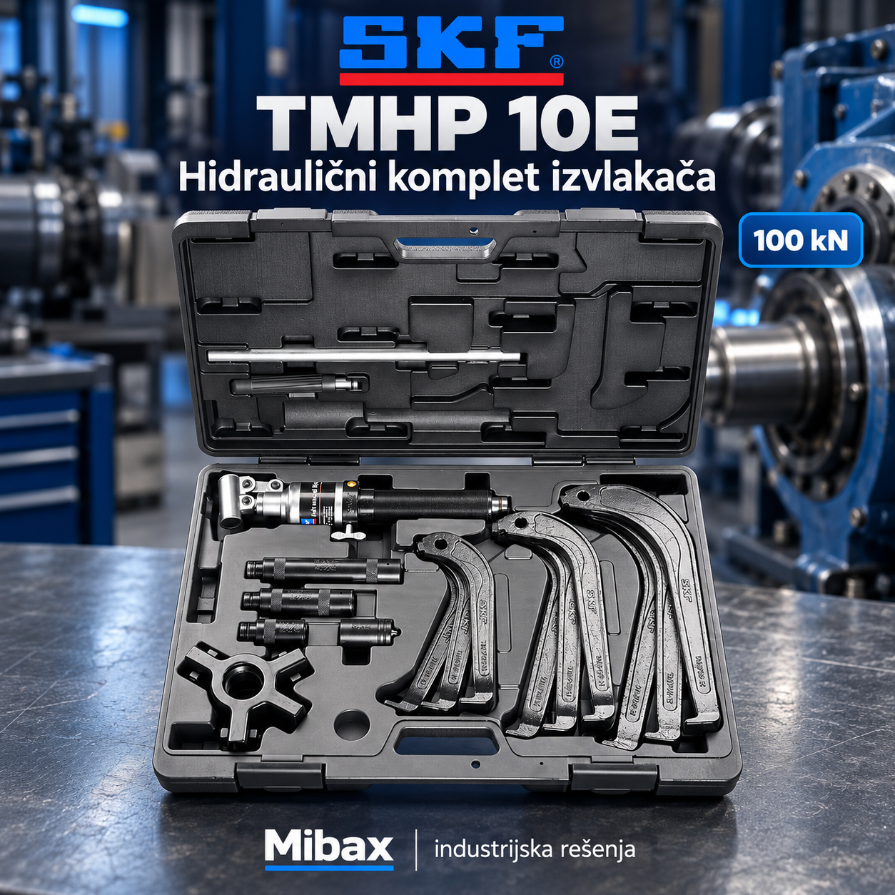 SKF TMHP 10E hidraulični komplet izvlakača za ležajeve u otvorenom koferu na industrijskoj pozadini